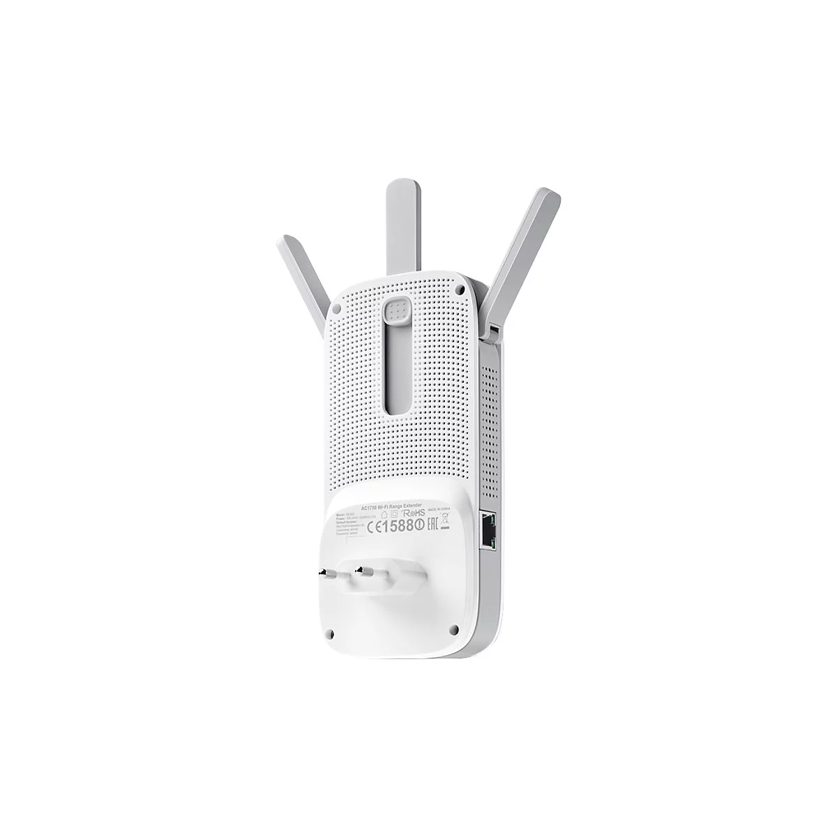 Drahtloser WLAN-Repeater, weiß. Drei Antennen stehen ab. Unten ist ein Stecker zu sehen.