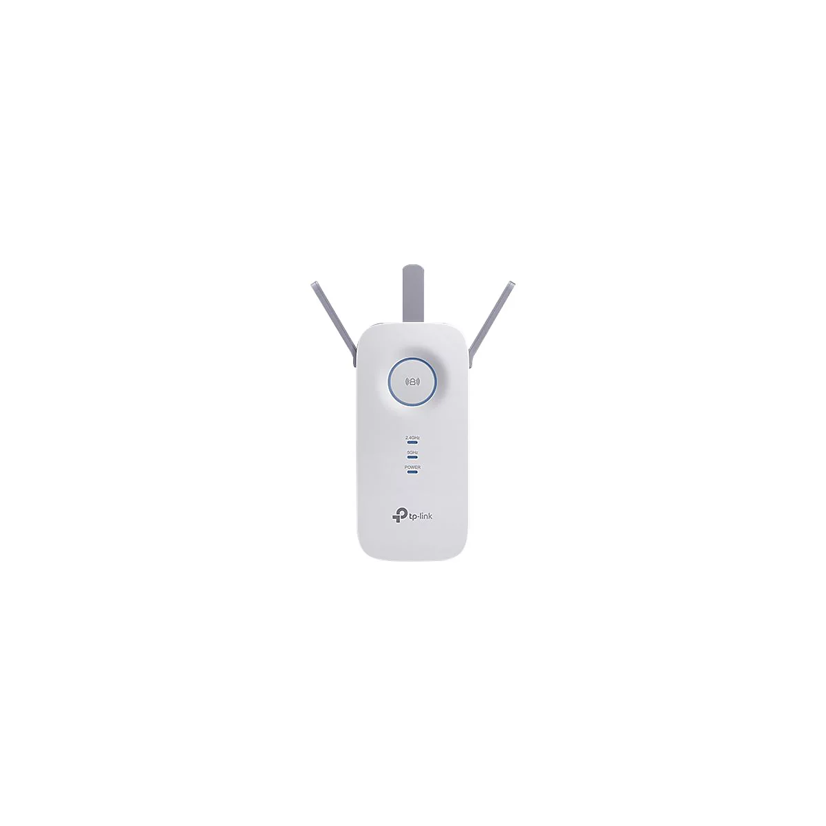 Weißer WLAN-Repeater mit grauen Antennen und blauen LEDs. Logo von TP-Link.