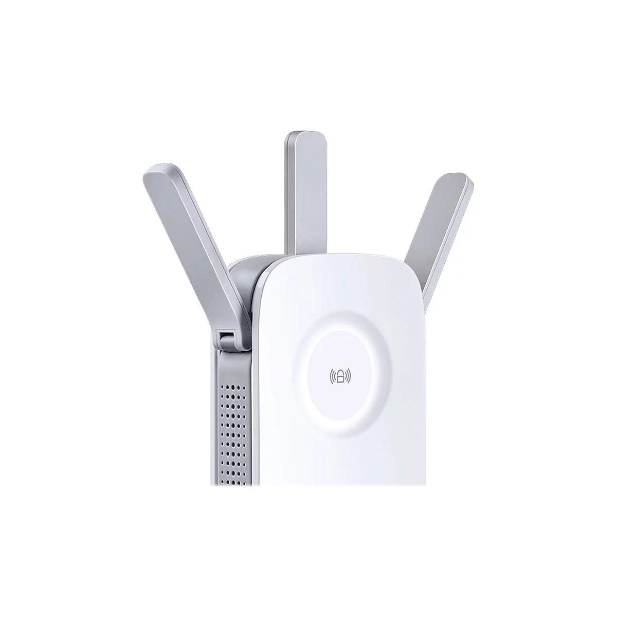 Nahaufnahme eines weißen WLAN-Repeater mit drei silbernen Antennen. Auf der Vorderseite befindet sich das WLAN-Symbol.