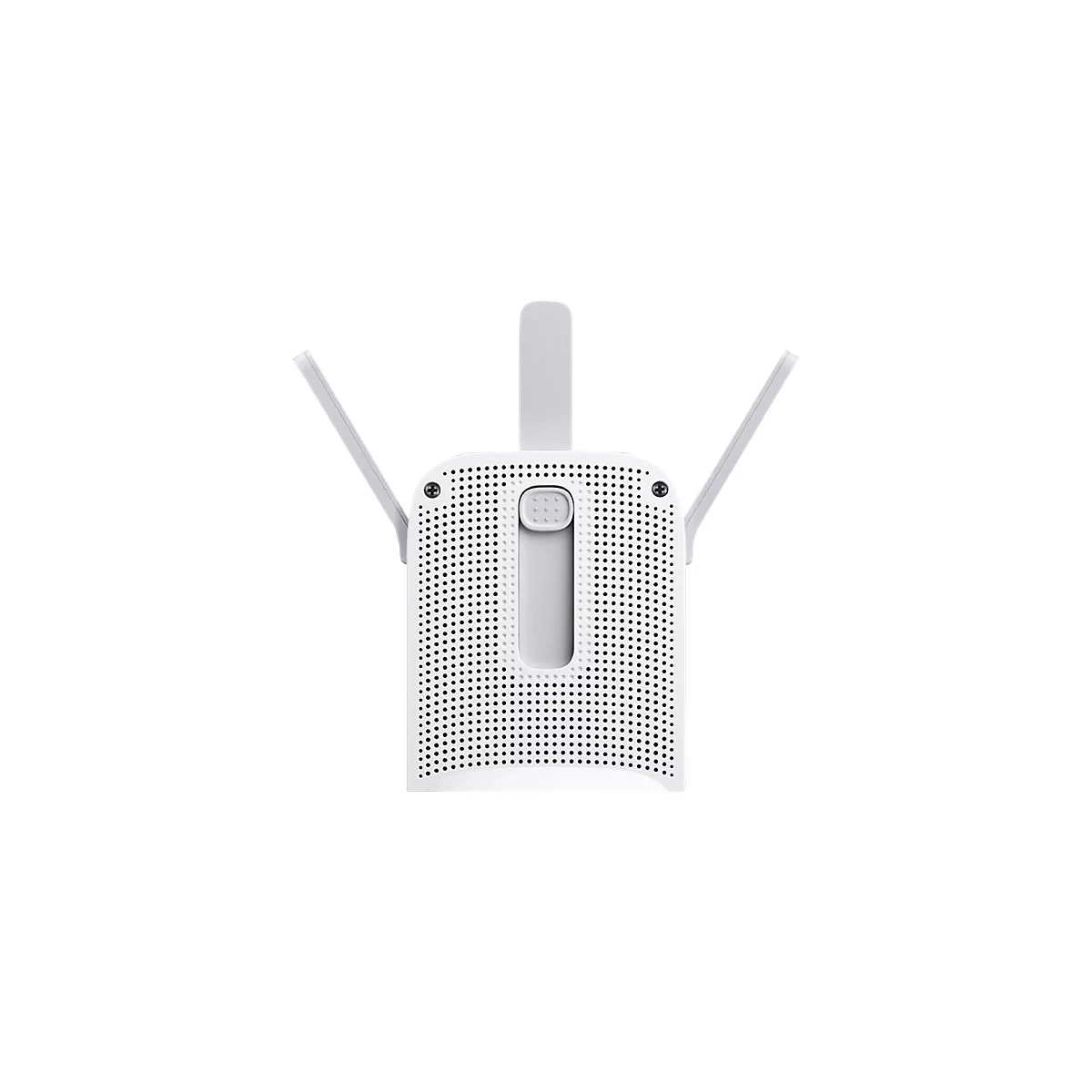 Weißer WLAN-Repeater mit zwei ausklappbaren Antennen und gelochter Oberfläche vor weißem Hintergrund.