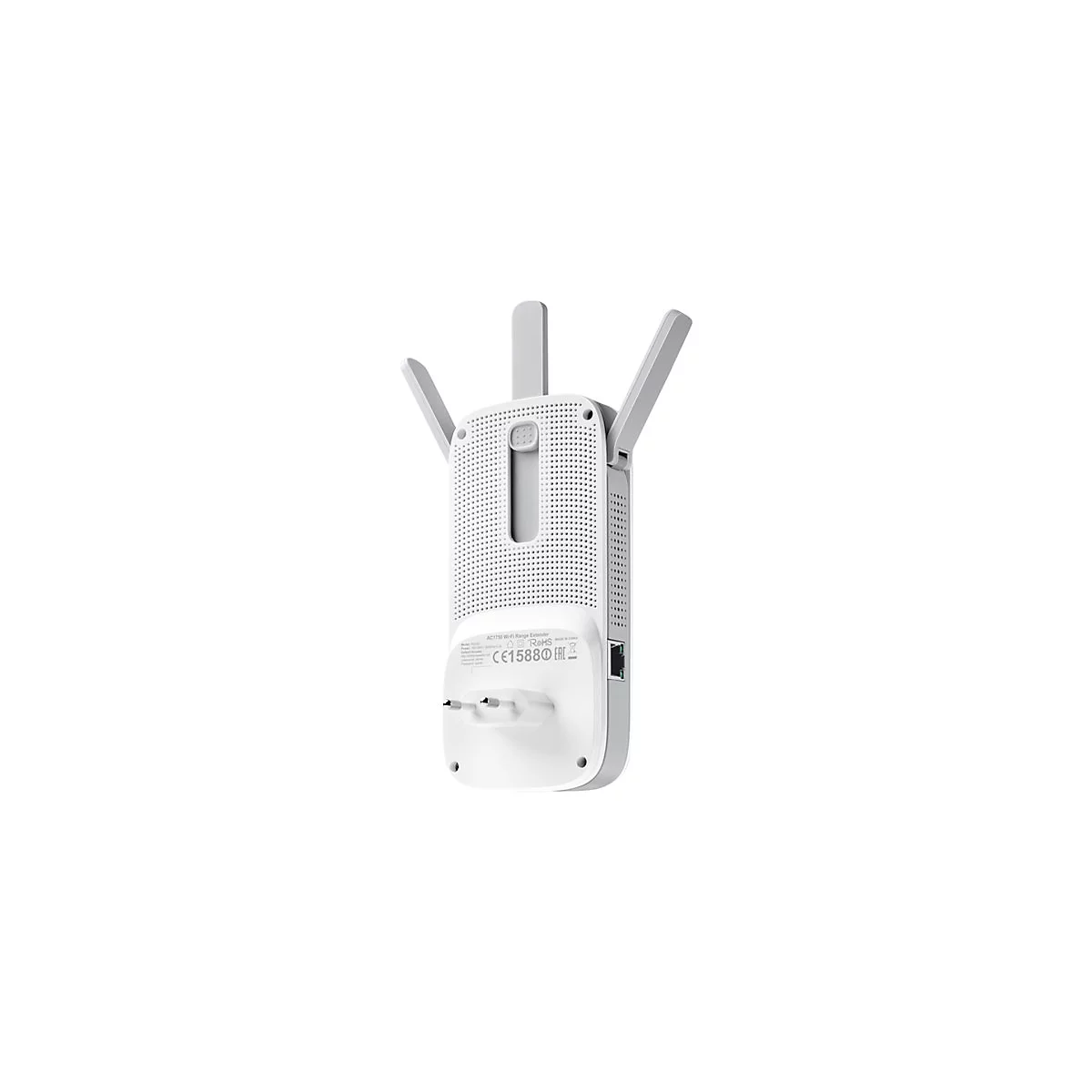 WeiÃŸer WLAN-Repeater mit drei Antennen und Stecker. Das GerÃ¤t ist vor weiÃŸem Hintergrund von hinten fotografiert.