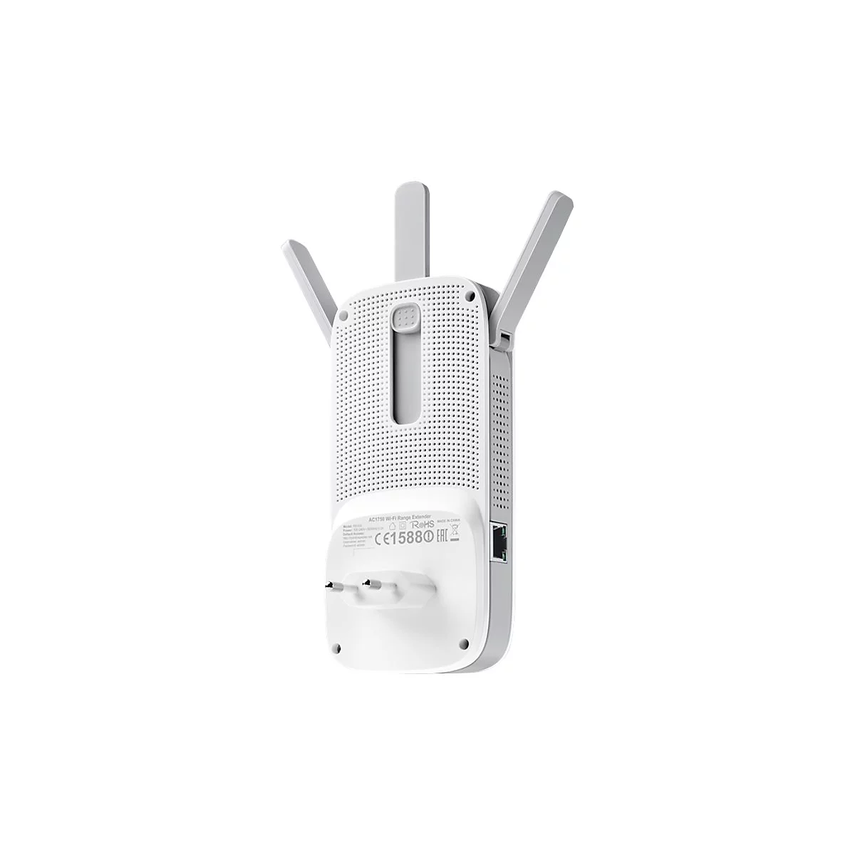 Ein weißer WLAN-Repeater mit drei Antennen, Steckdosenanschluss und Schriftzügen.