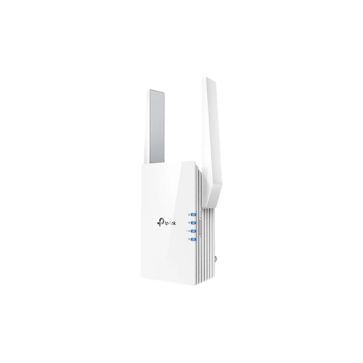 Weißer TP-Link WLAN-Repeater mit zwei Antennen vor weißem Hintergrund.