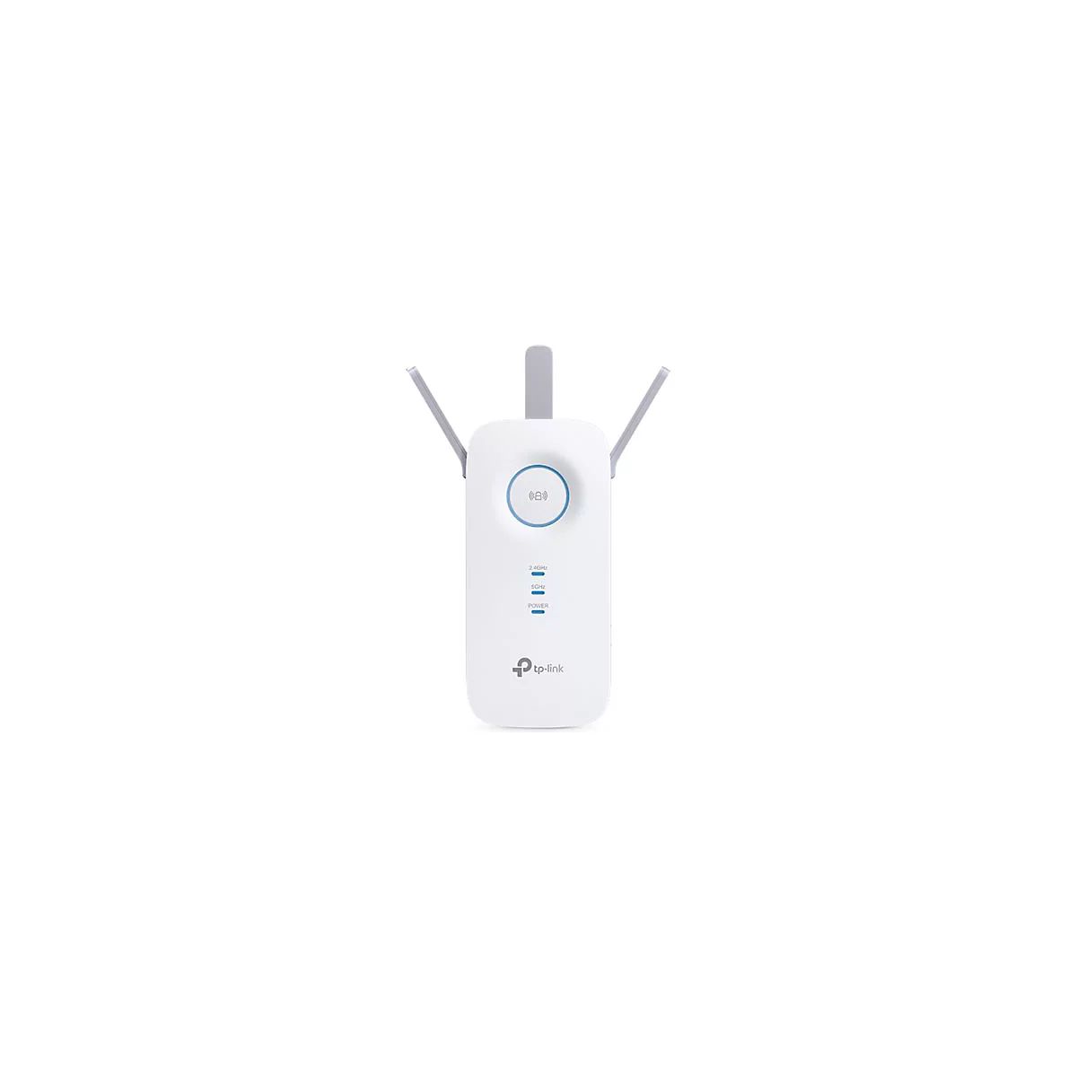 Weißer WLAN-Repeater mit drei Antennen, blauem Kreis und Anzeigeleuchten. Logo von tp-link.
