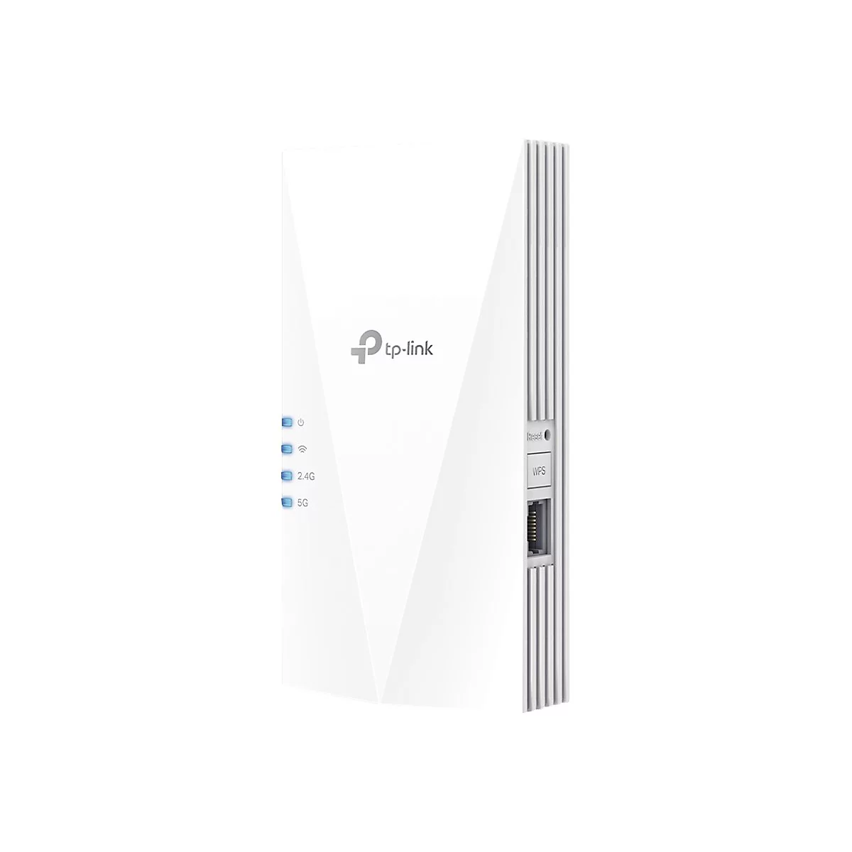 Weißer TP-Link WLAN-Repeater mit leuchtenden blauen Status-LEDs und seitlichem LAN-Anschluss.
