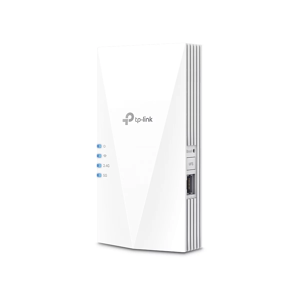 Weißer TP-Link WLAN-Repeater mit Logo und Indikatoren. Auf der Seite: Reset- und WPS-Tasten und Ethernet-Anschluss.