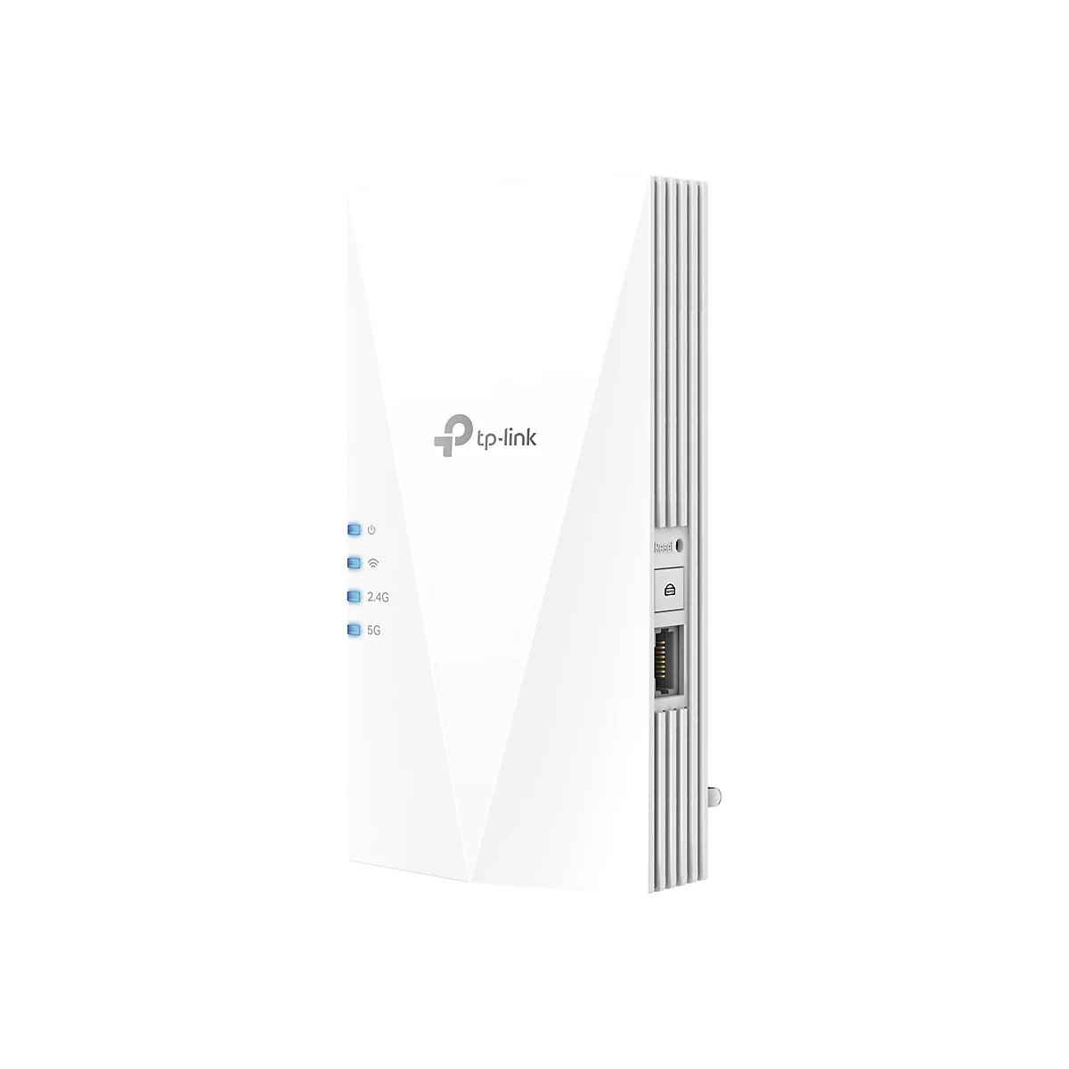 Weißer WLAN-Repeater von TP-Link. Vorne: Logos, Leuchten. Seite: Reset-Taste, Anschlüsse. 