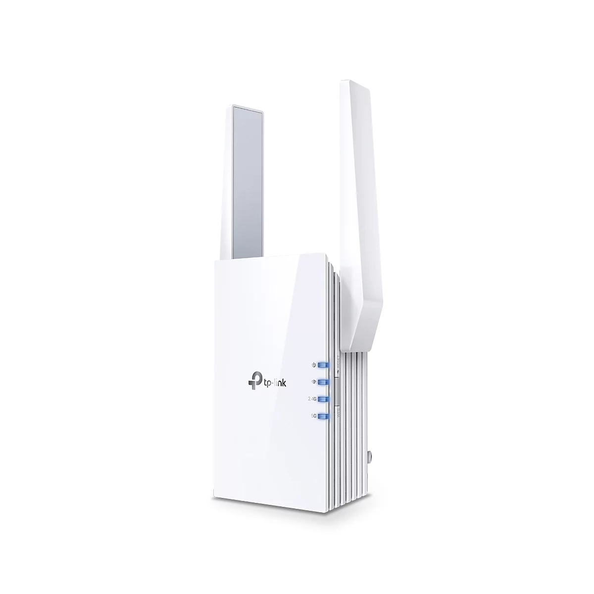 Weißer WLAN-Repeater mit zwei Antennen. Auf der Vorderseite stehen die Bezeichnungen "tp-link" und "2.4G" und "5G".