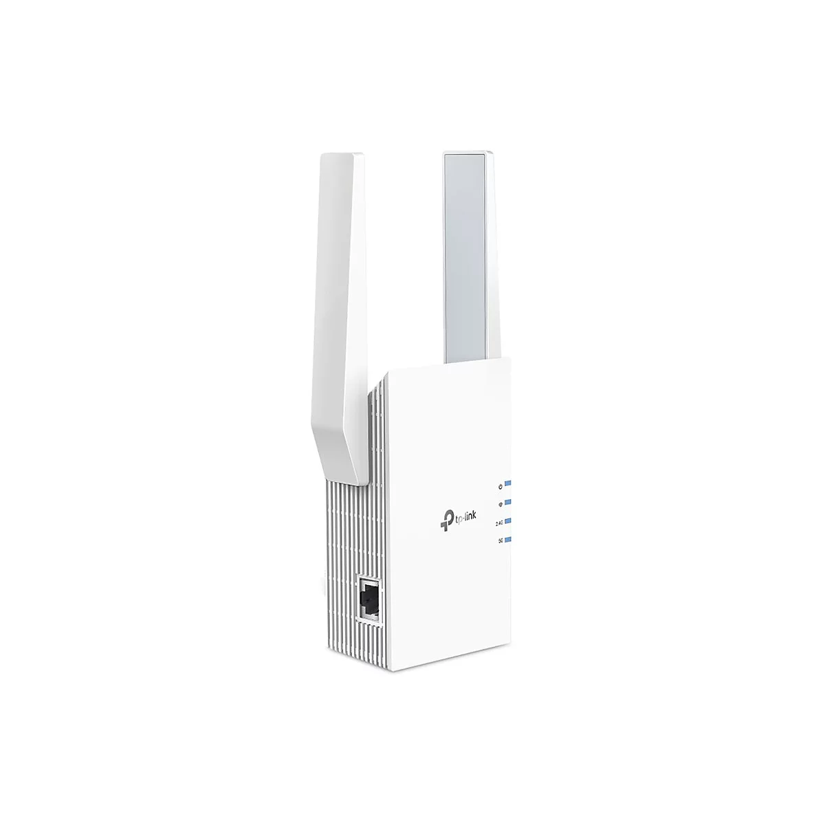 Weißer TP-Link WLAN-Repeater mit zwei Antennen und seitlichem LAN-Anschluss vor neutralem Hintergrund.