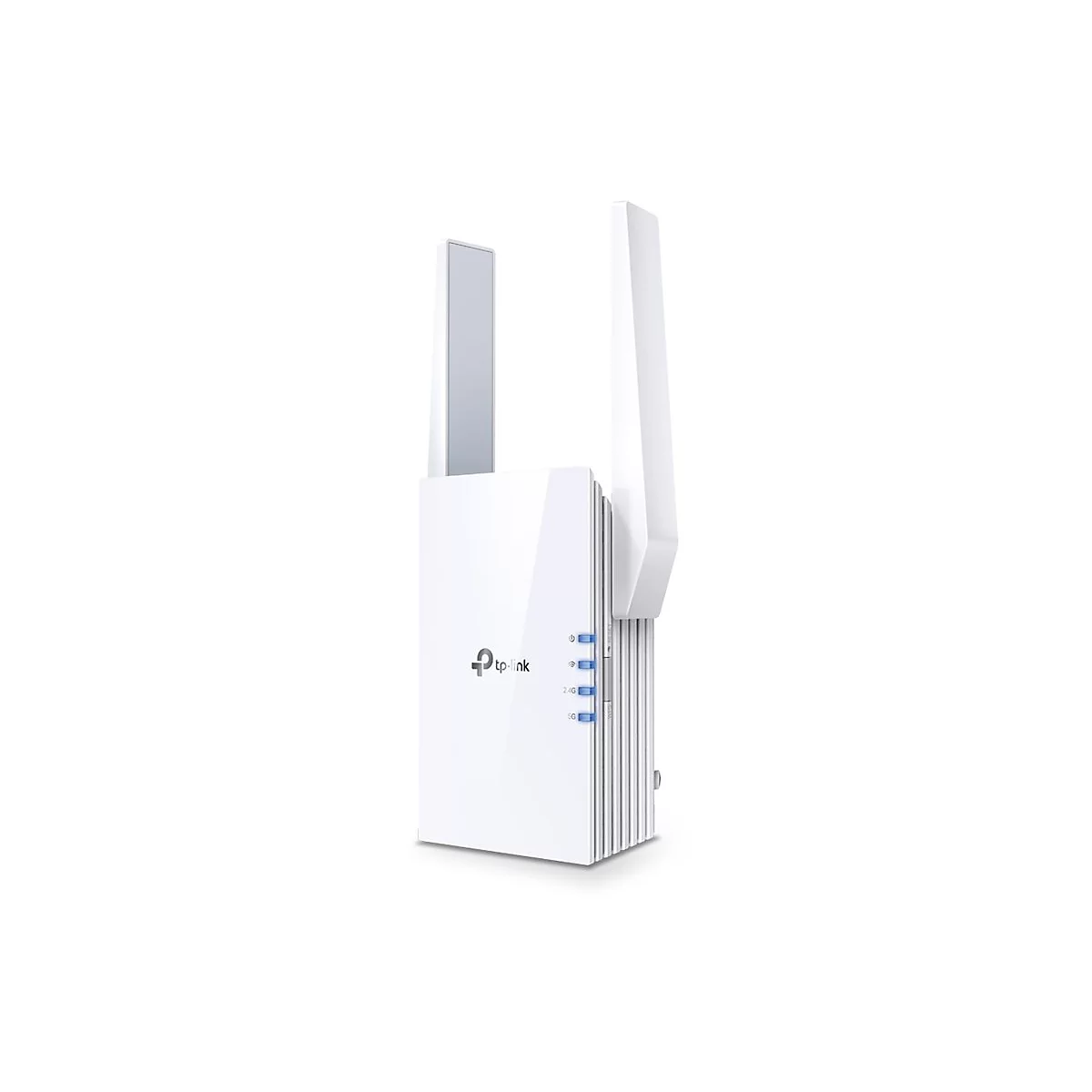 Weißer TP-Link WLAN-Repeater mit zwei ausklappbaren Antennen und leuchtend blauen Status-LEDs auf weißem Hintergrund.