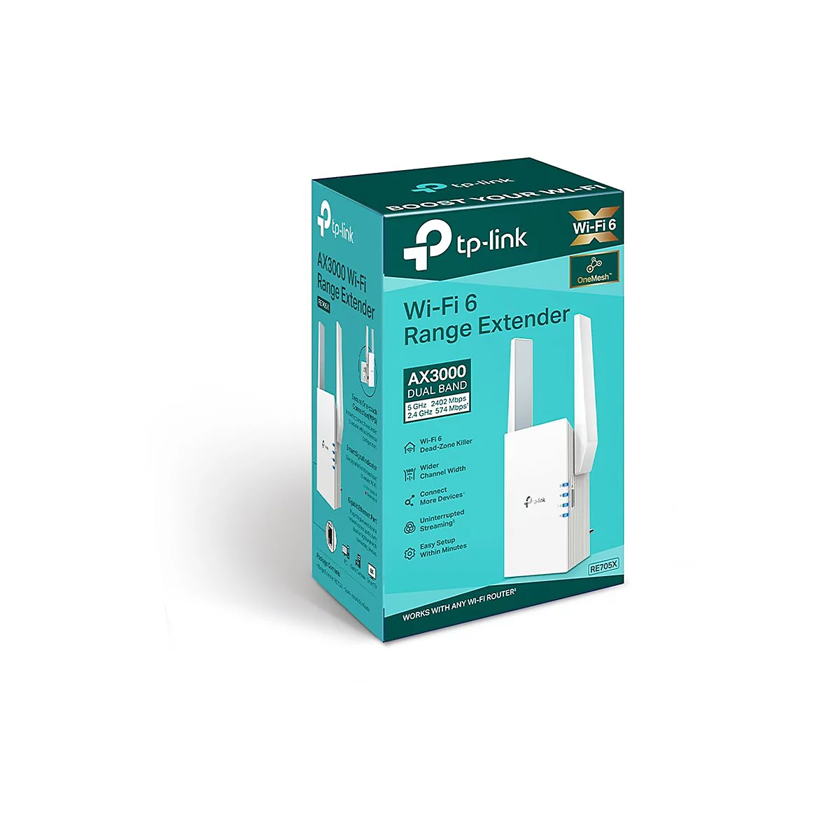 Produktverpackung eines TP-Link AX3000 Wi-Fi 6 Range Extenders in einer türkisen Box.
