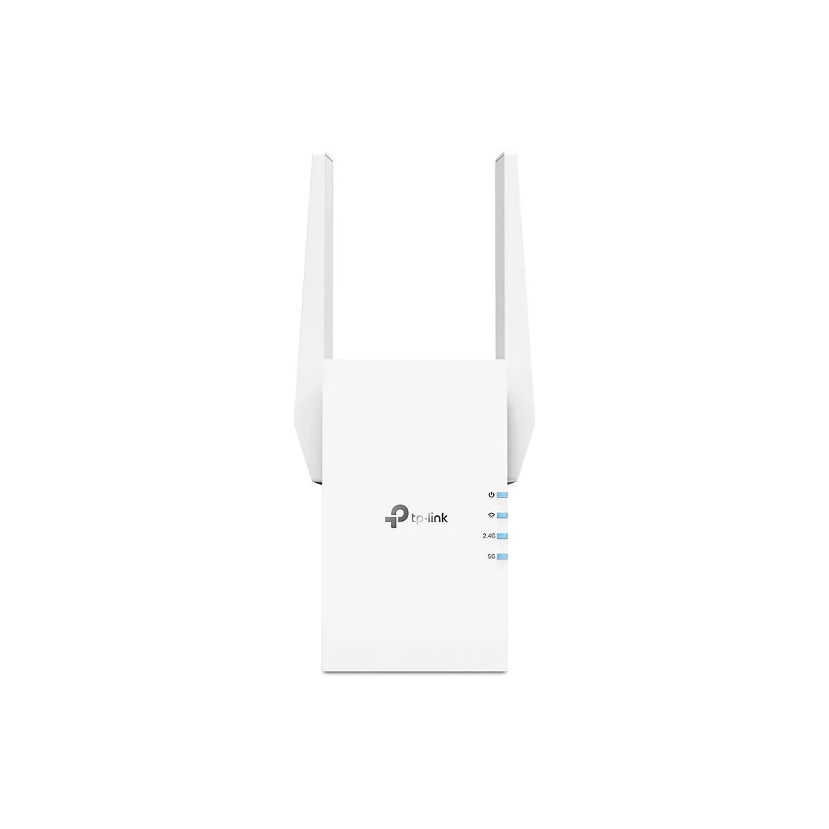 Weißer TP-Link WLAN-Repeater mit zwei Antennen und vier blauen Status-LEDs auf weißem Grund.