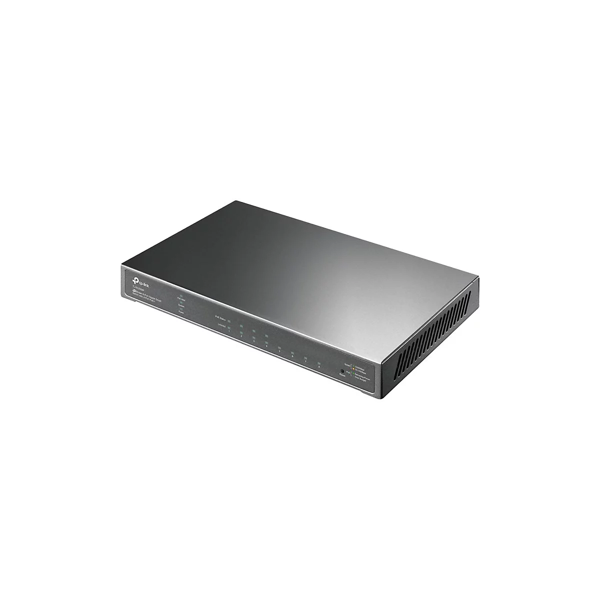 Grauer Netzwerk-Switch, von TP-Link, auf weißem Hintergrund. Vorne Leuchten und Anschlüsse, oben glatt.