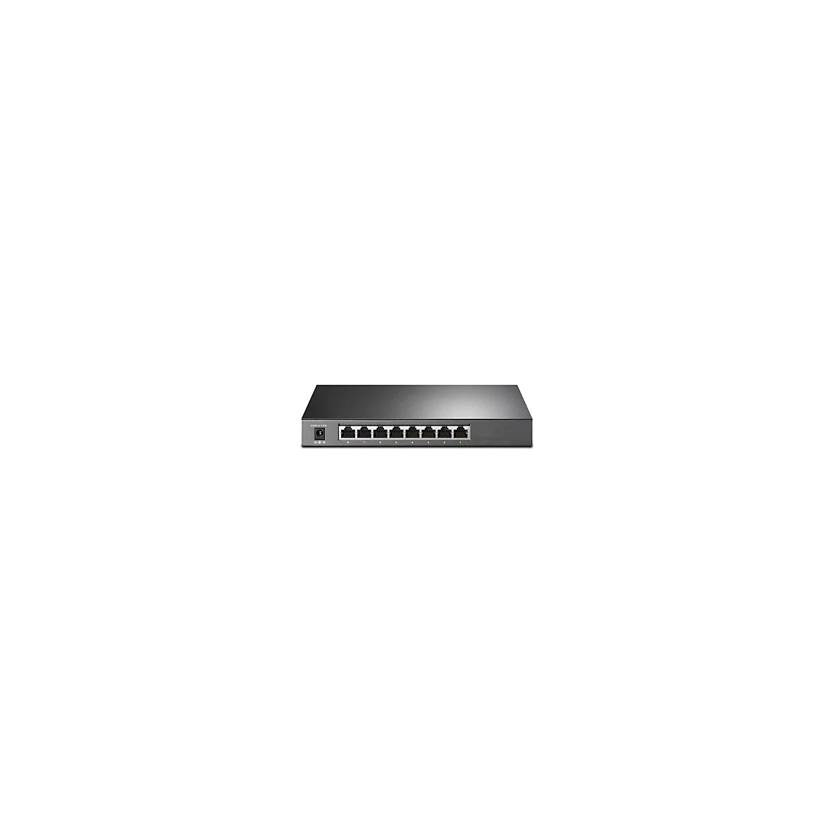 Schwarzer Netzwerk-Switch mit 8 Ports und Stromanschluss.