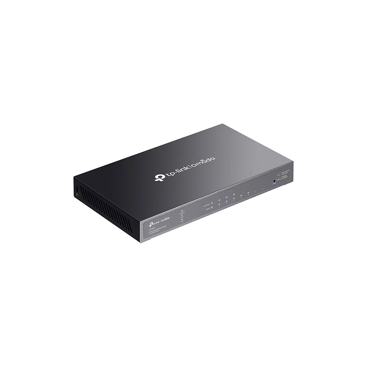 Schwarzer TP-Link Omada Router. Oben links das Logo. Unten rechts Anschlüsse.