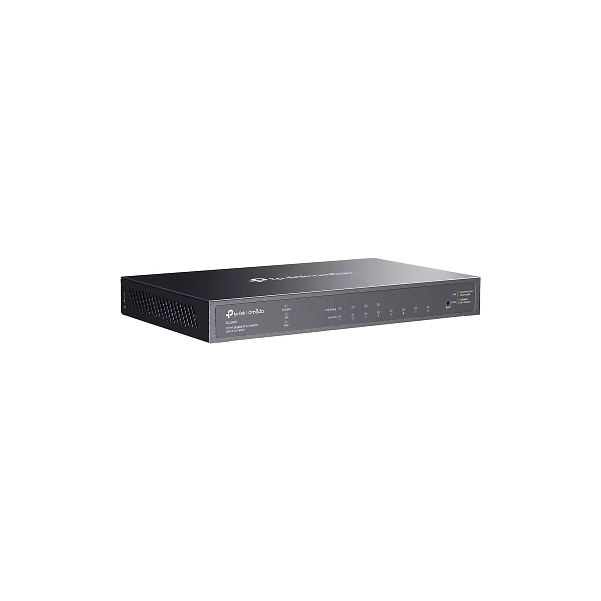 Schwarzer TP-Link Omada 8-Port Gigabit Smart Switch. Mit Ports, Statusanzeigen und Beschriftung.