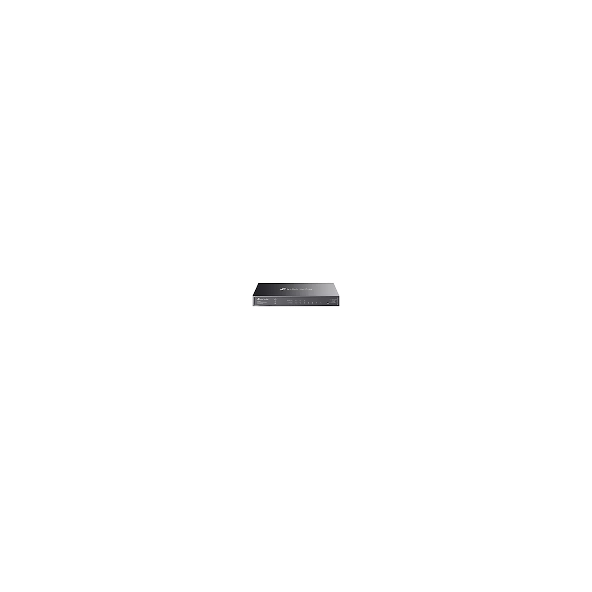 Ein schwarzer TP-Link Switch, der flach auf einer Oberfläche liegt. Auf der Vorderseite sind Anschlüsse und Kontrollleuchten zu sehen.