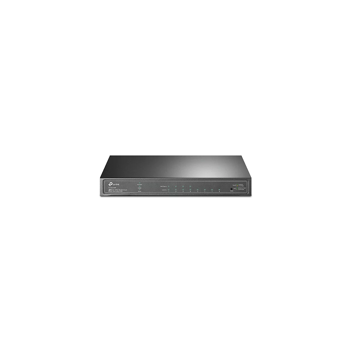 Schwarzer Netzwerk-Switch von TP-Link. Vorne: Anschlüsse, Leuchten und Schriftzüge. Rechts: Reset-Knopf.
