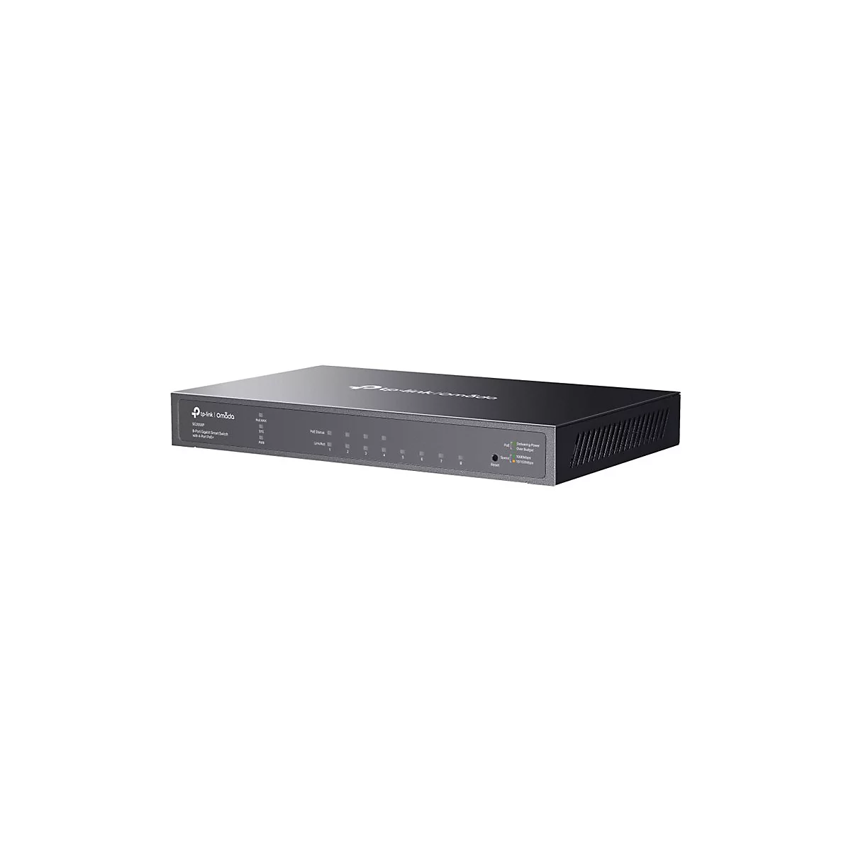 Schwarzer Netzwerk-Switch von TP-Link Omada. Zeigt Anschlüsse, LEDs und Beschriftungen.