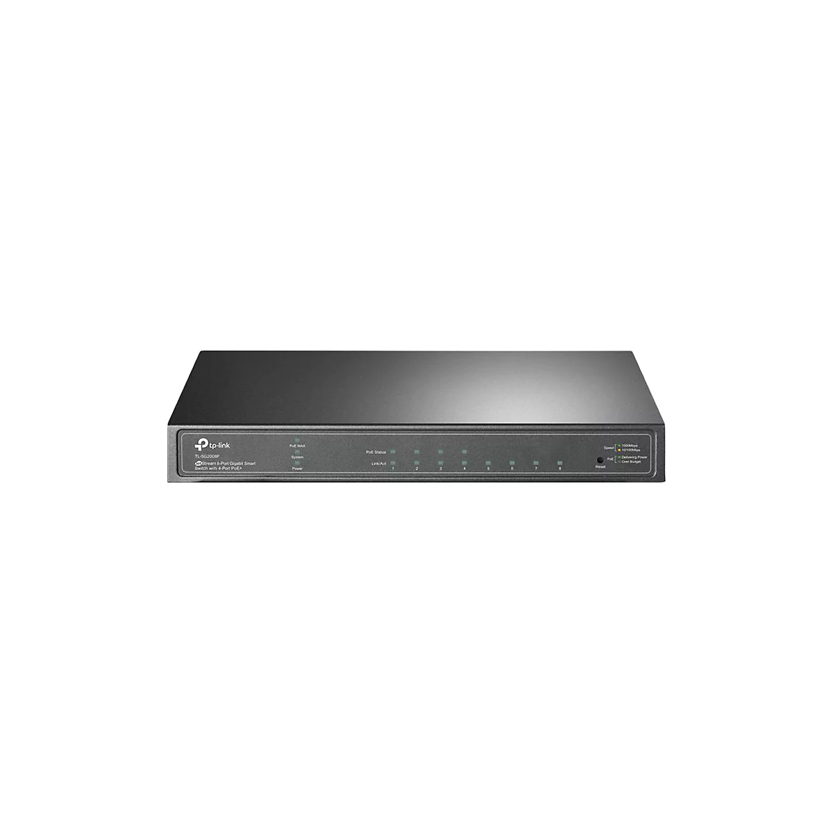 Schwarzer Netzwerk-Switch von TP-Link. Er hat acht Ports und eine Reihe von Anzeigen.