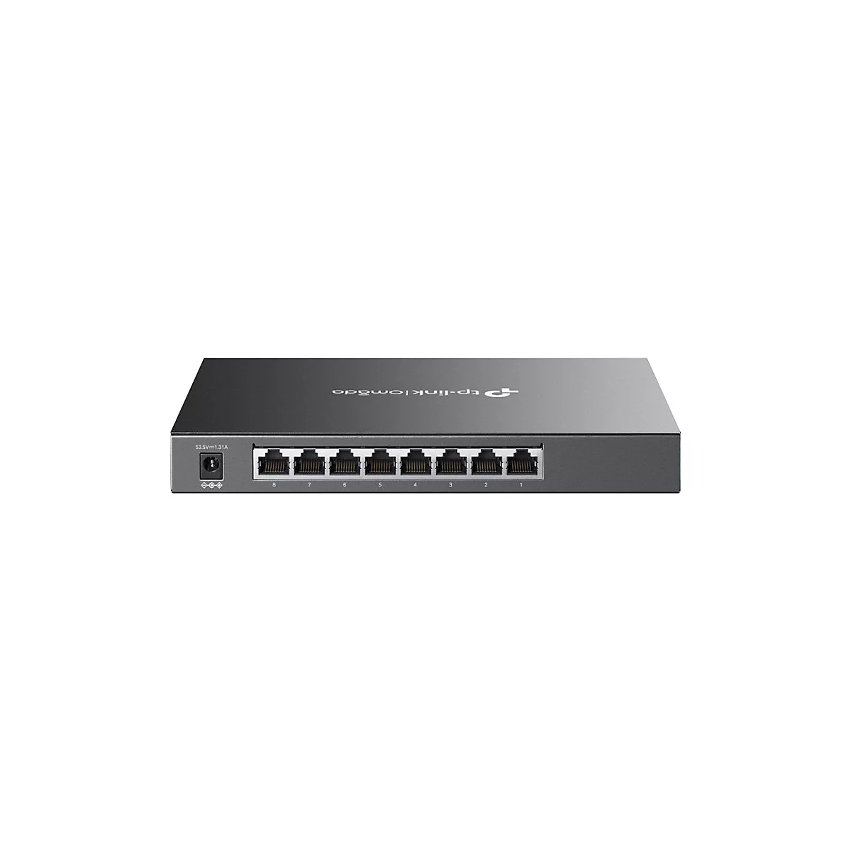 Schwarzer Netzwerk-Switch mit 8 Ports. Links: Stromanschluss und Daten. Rechts: Beschriftung mit TP-Link Omada.