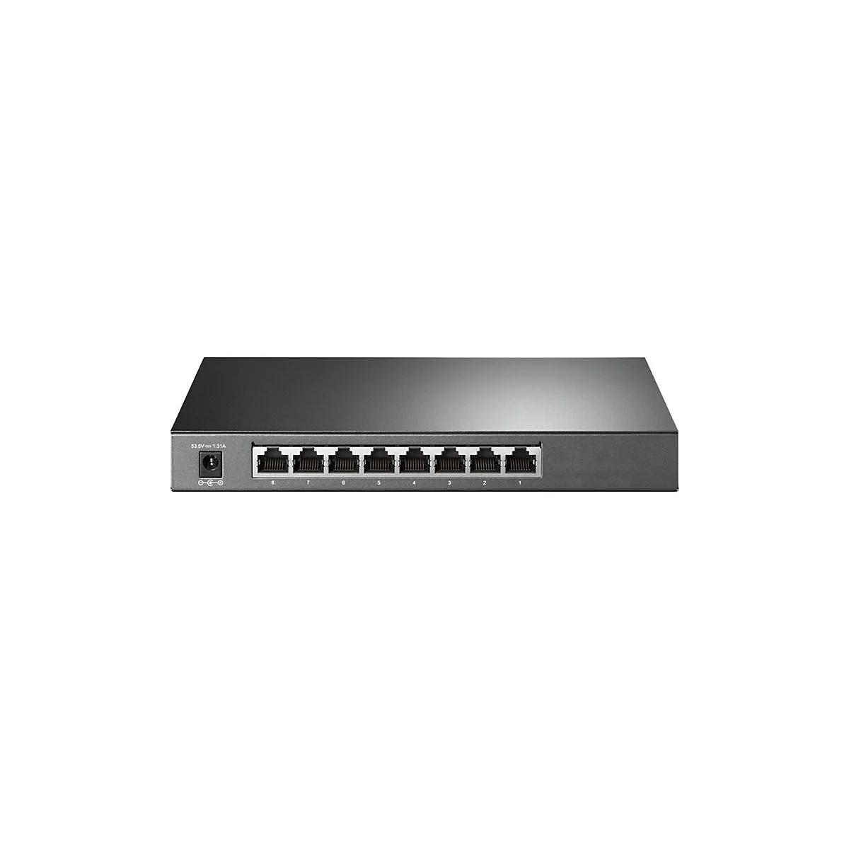Schwarzer Netzwerk-Switch mit acht Anschlüssen, seitlich Stromanschluss und Beschriftung.