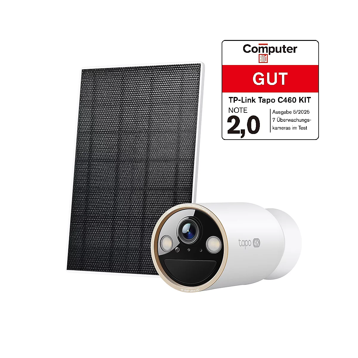 Kamera und Solarpanel. Weiße Kamera mit Goldrand und schwarzem Panel. Bewertungssiegel: Gut.