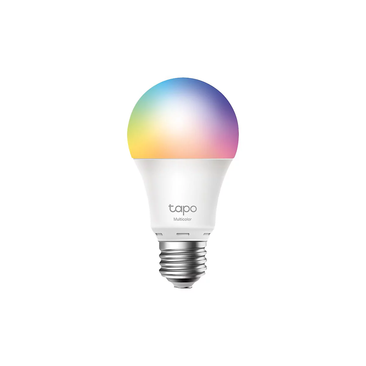 Tapo LED-Lampe mit bunt leuchtendem Glaskopf auf weißem Sockel mit Schraubgewinde.
