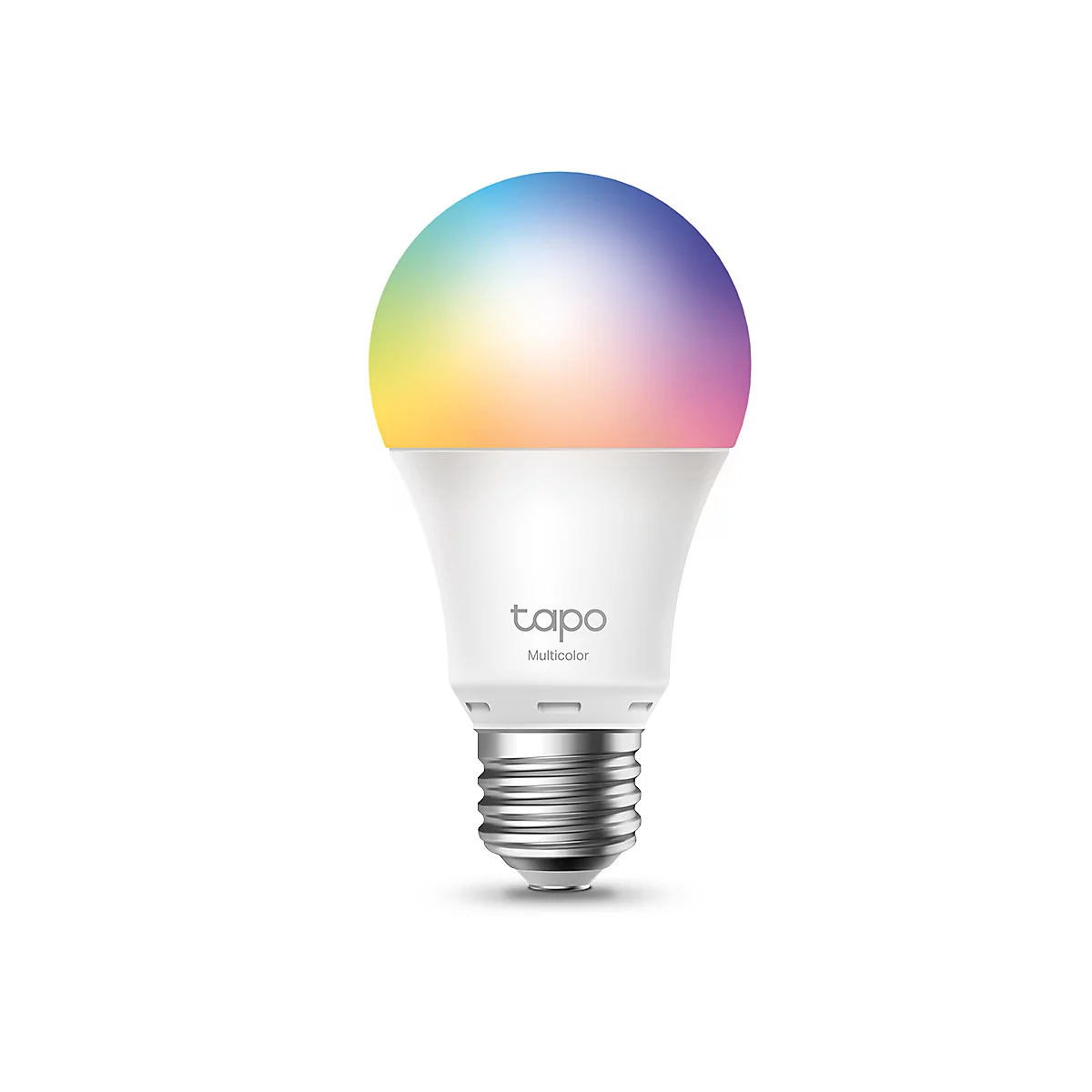 Eine weiße Tapo-Multicolor-Glühbirne leuchtet in Regenbogenfarben. Am Sockel ist die silberfarbene Fassung erkennbar.