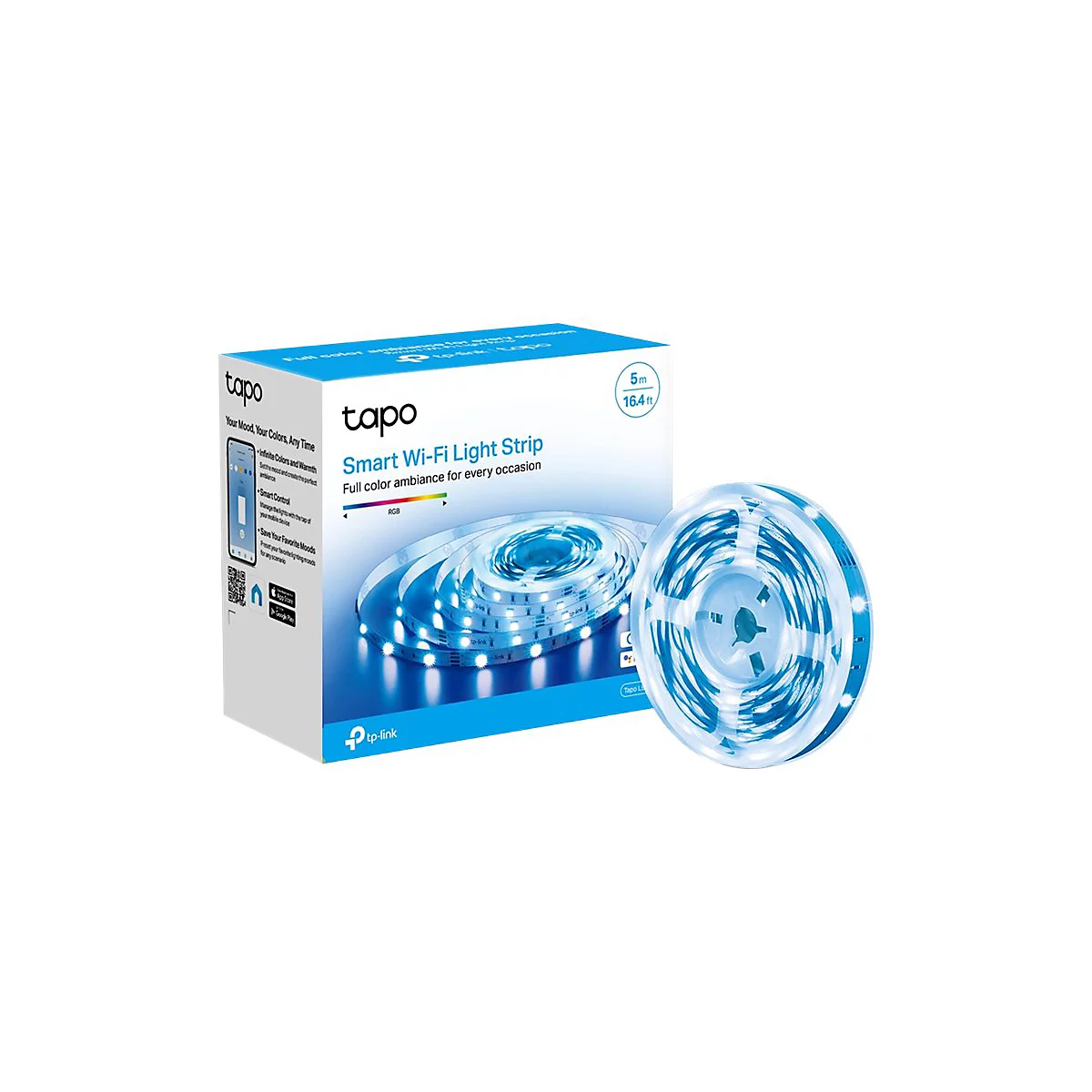 Eine Produktabbildung der Tapo Smart Wi-Fi Light Strip. Die Verpackung mit Produktnamen und technischen Daten sowie eine aufgerollte LED-Lichtleiste sind zu sehen.