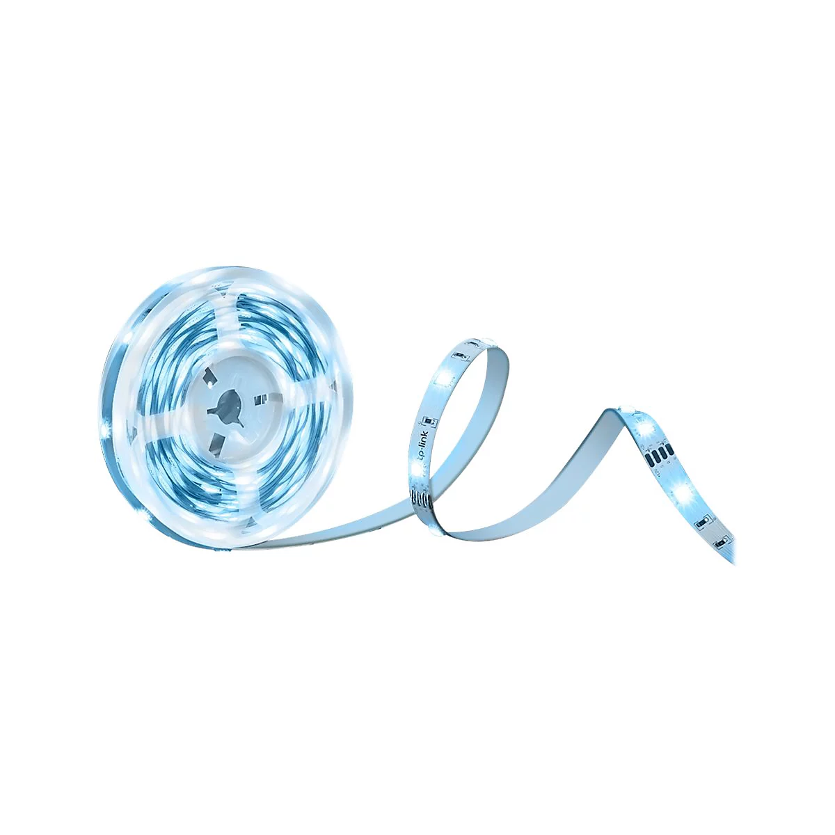 Aufgerollter LED-Lichtstreifen in Hellblau, mit leuchtenden LEDs, Teilweise abgerollt.