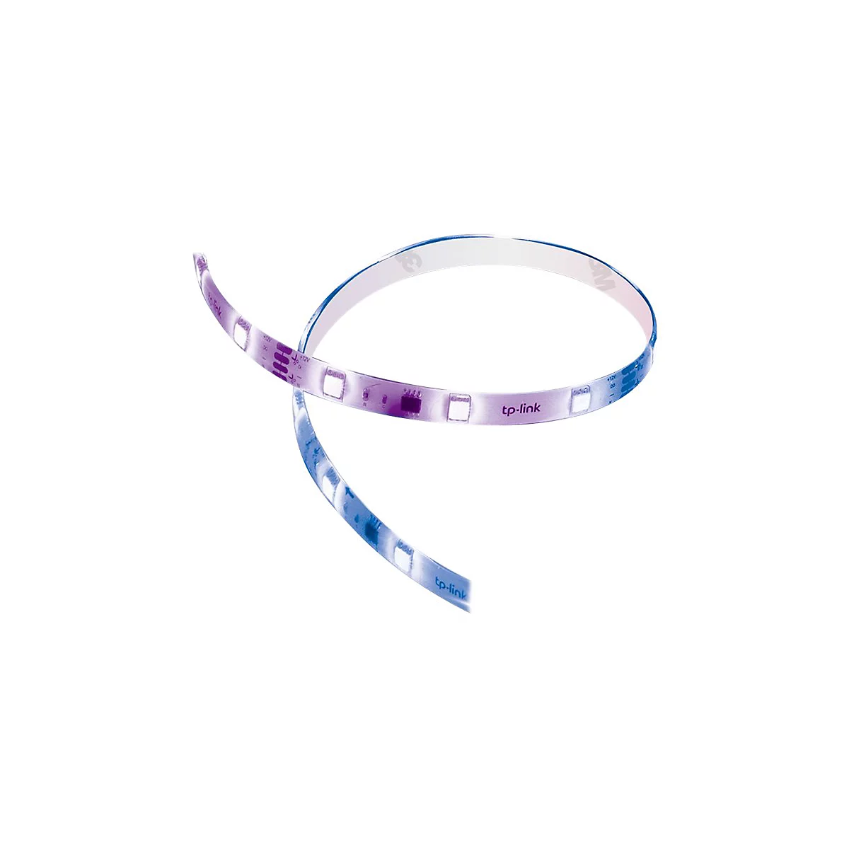 Eine flexible LED-Leiste von tp-link, die ineinander verschlungen ist. Sie leuchtet violett und blau. Auf der Leiste ist der Schriftzug tp-link zu sehen.