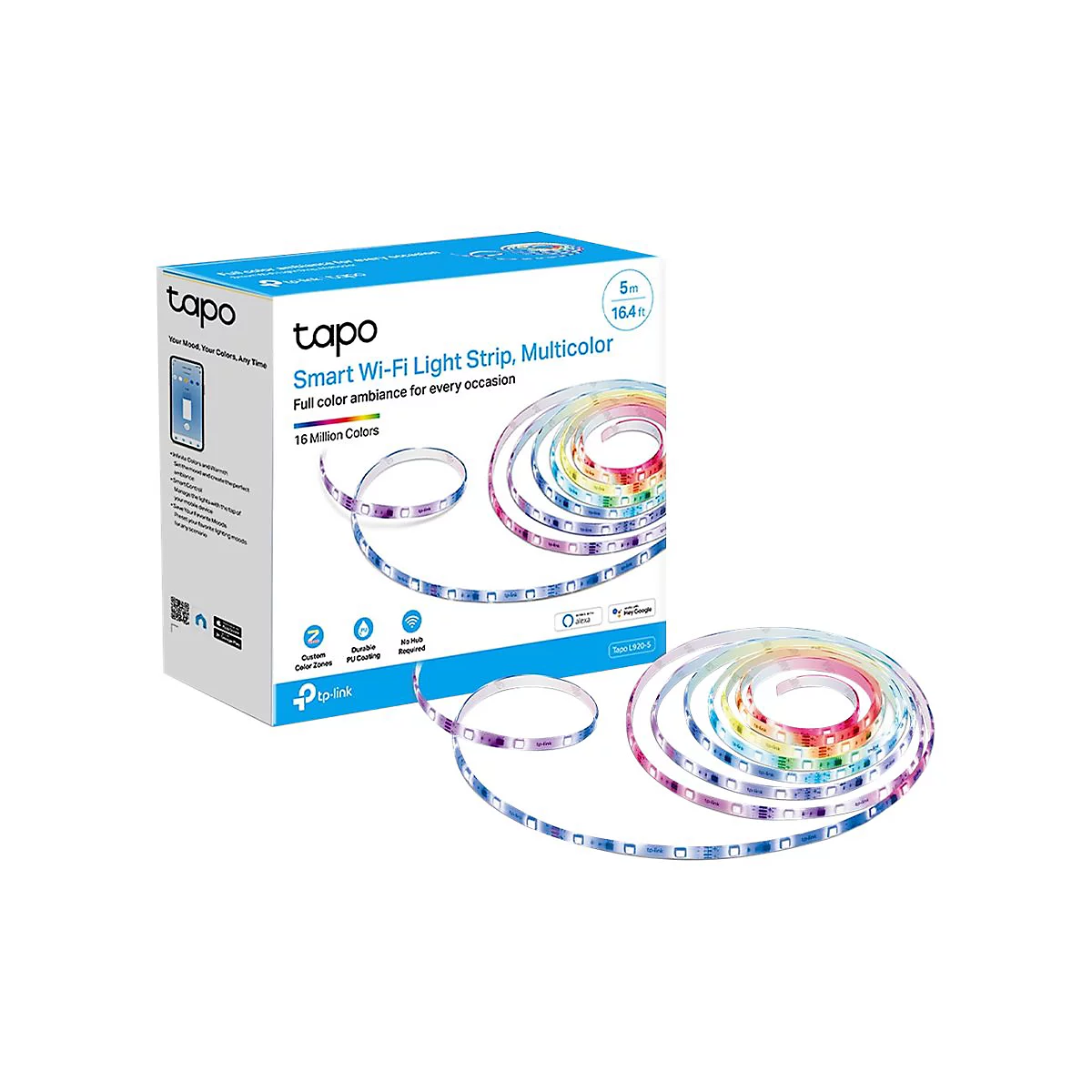 Hellblaue Verpackung der Tapo Smart Wi-Fi Lichtleiste, daneben die mehrfarbige Lichtleiste, die in Kreisen liegt.