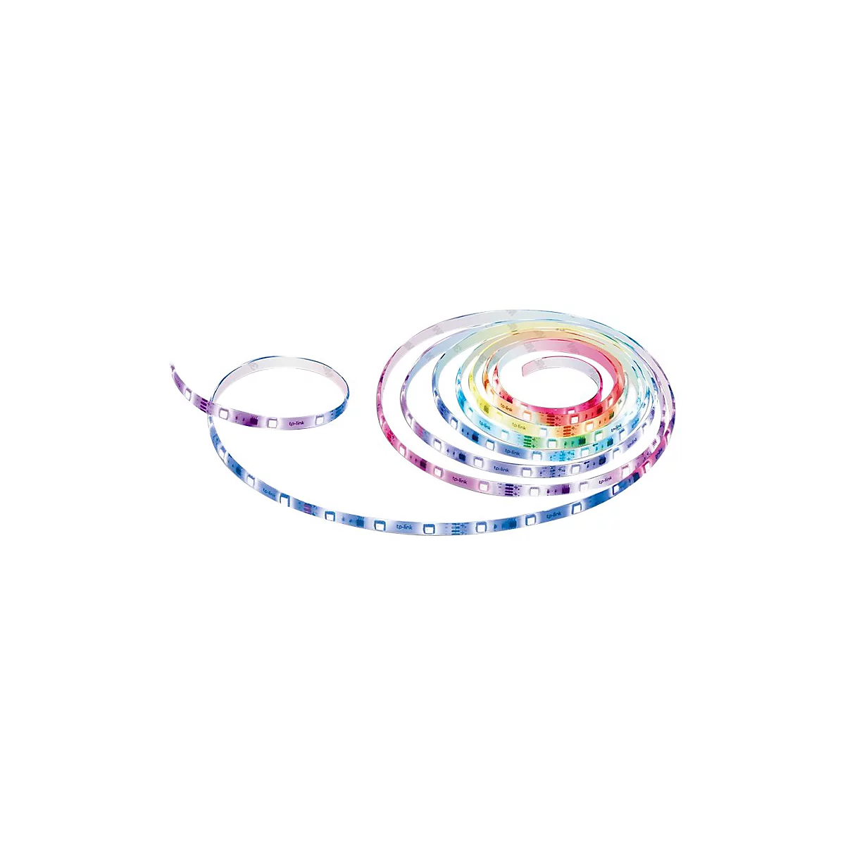 Bande lumineuse LED multicolore disposée en spirale sur fond blanc, avec impression tp-link.