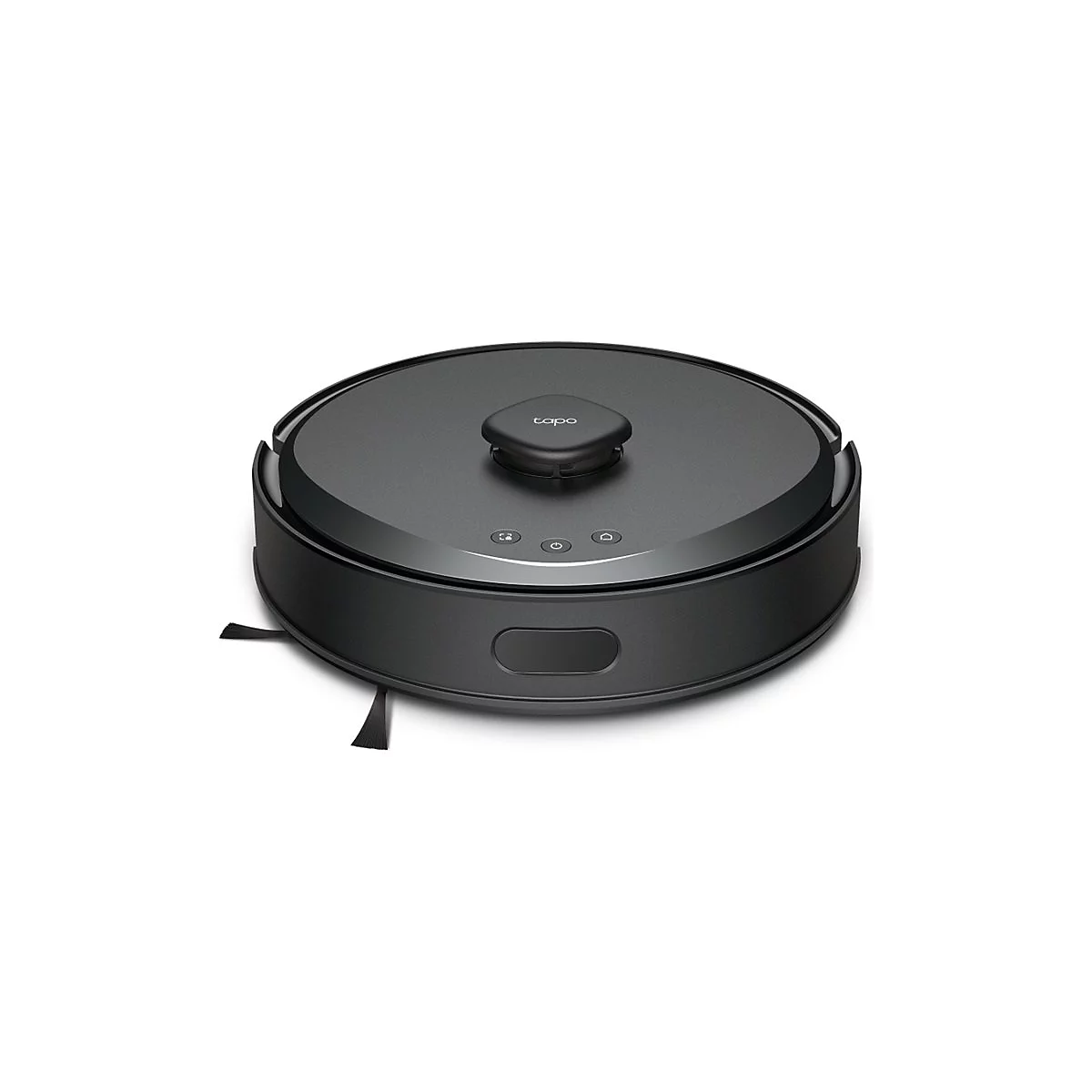 Ein schwarzer Roboter-Staubsauger mit der Aufschrift "tapo" oben drauf, Bürsten an der Seite und drei Knöpfe.