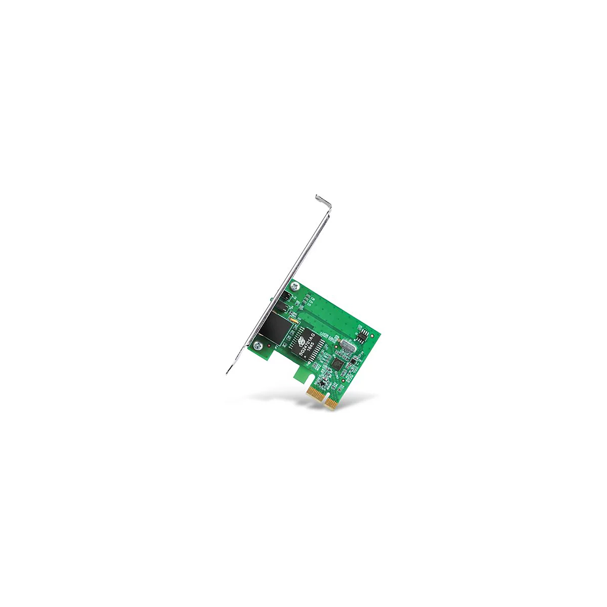Eine grüne Netzwerkkarte mit PCIe-Anschluss und einer silbernen Metallblende vor weißem Hintergrund.