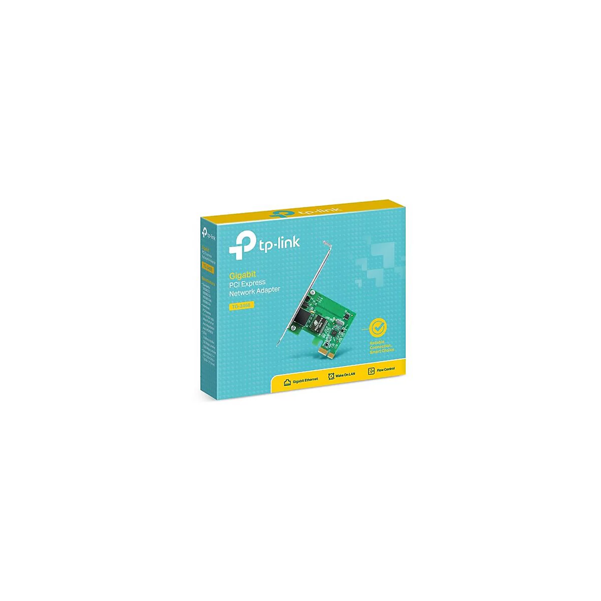 Eine Produktabbildung der TP-Link Gigabit PCI Express Netzwerkadapter-Verpackung mit dem Adapter im Vordergrund.