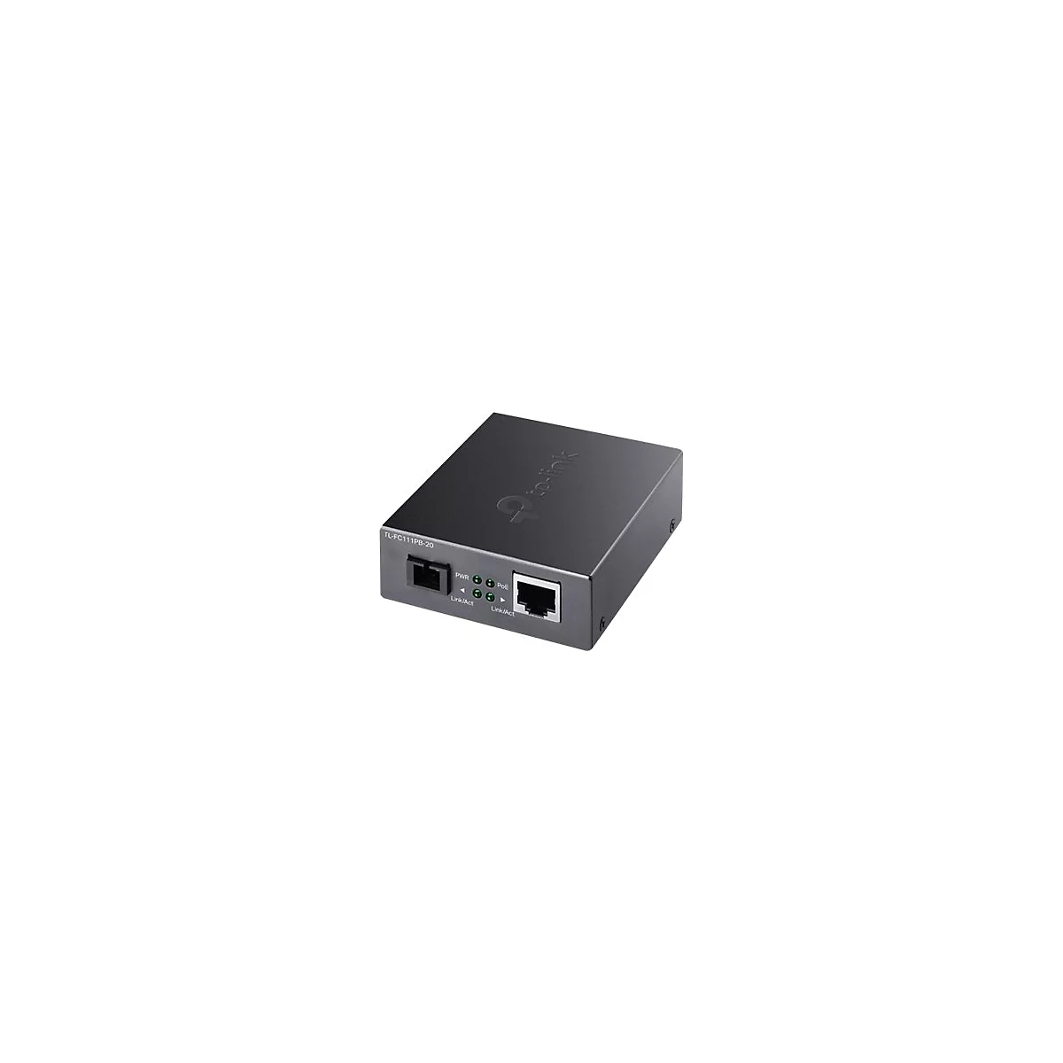Schwarzer TP-Link Medienkonverter TL-FC111PB-20 mit Glasfaser- und Ethernet-Anschluss sowie Status-LEDs.