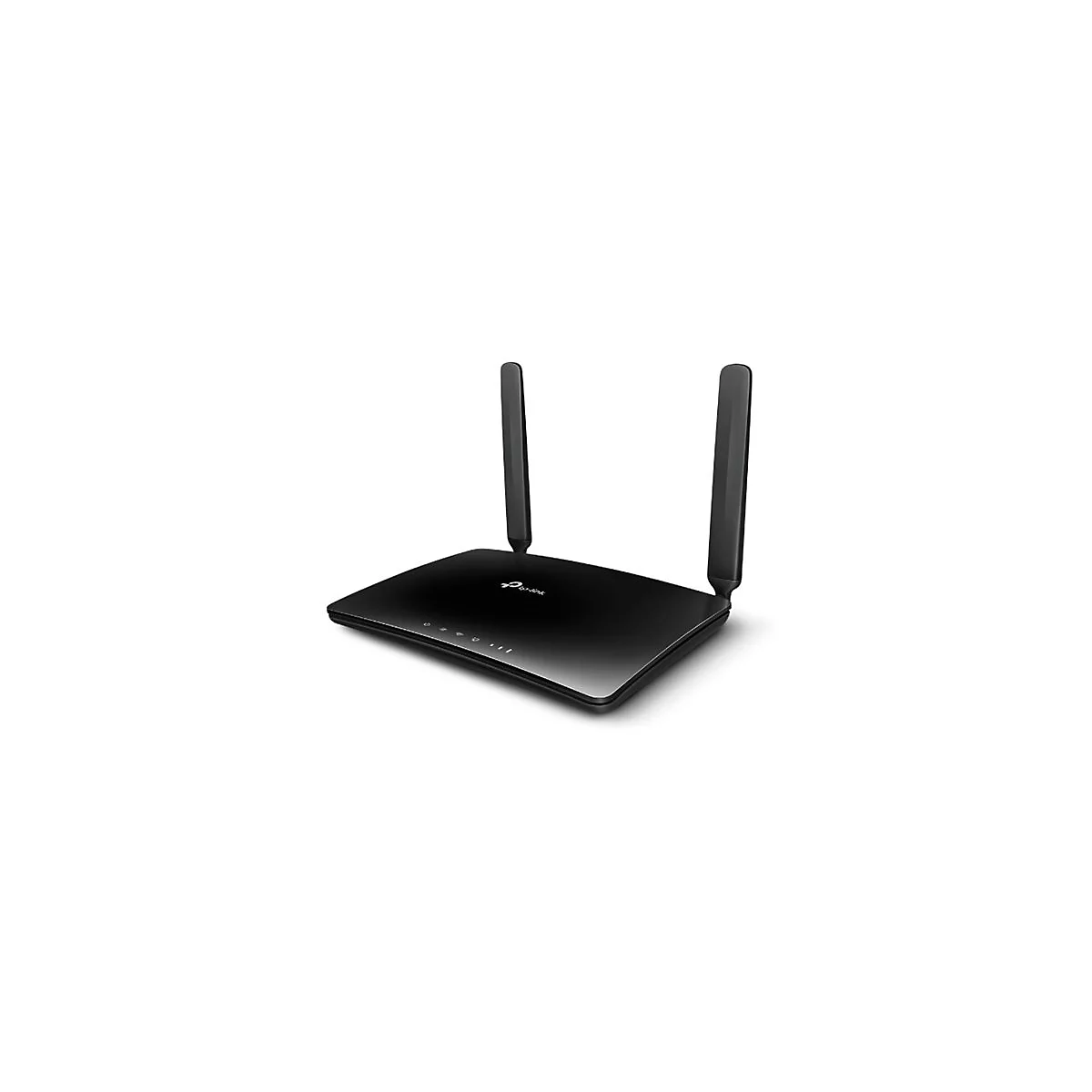 Schwarzer Router mit zwei Antennen, TP-Link Logo und LED-Leuchten.
