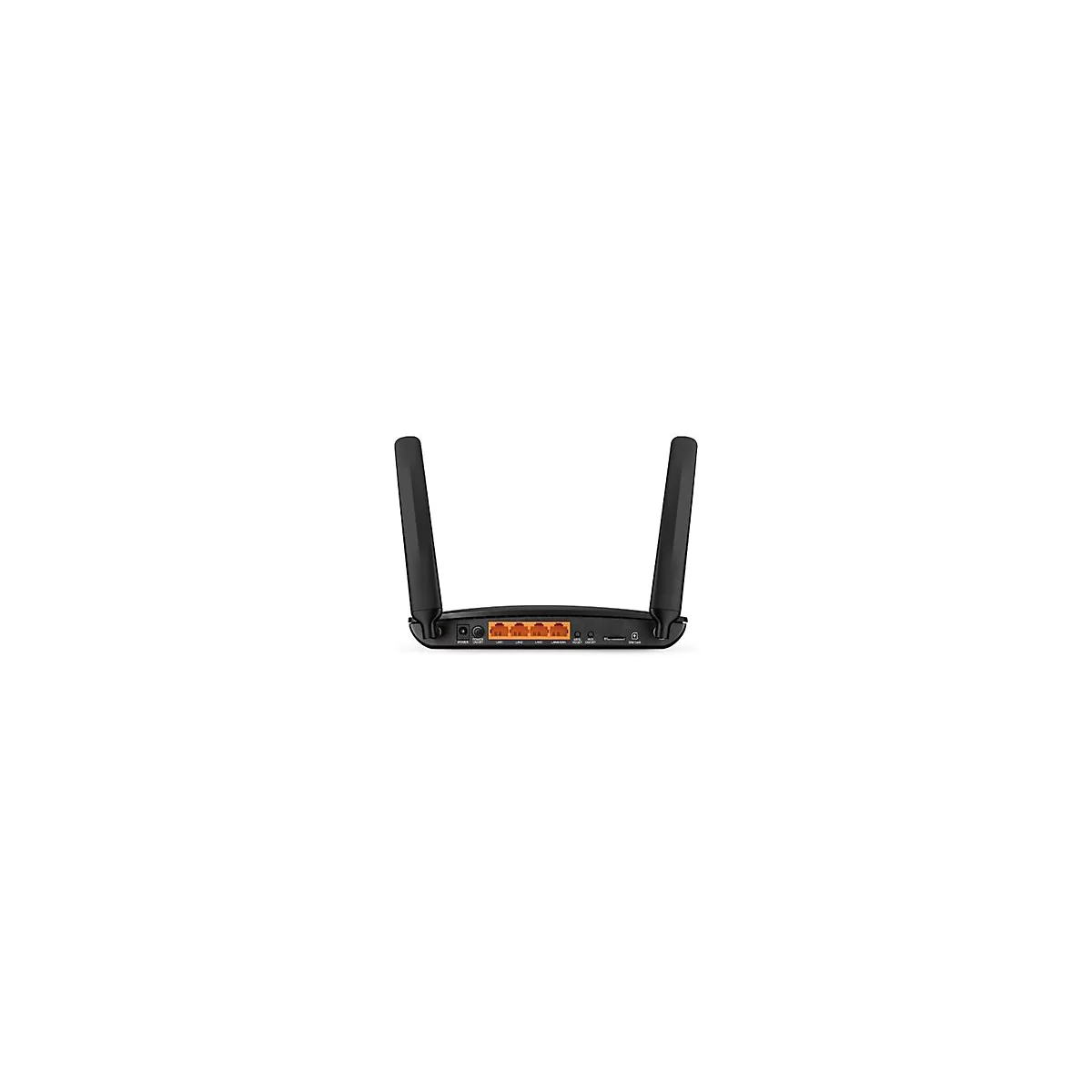 Schwarzer WLAN-Router mit zwei Antennen. Rückseite mit Anschlüssen und Knöpfen.