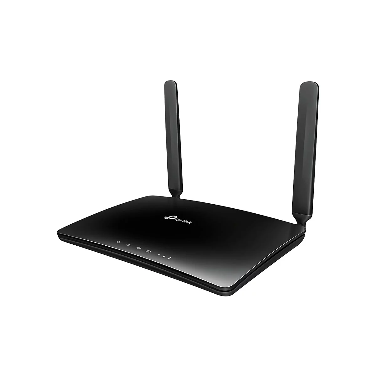 Schwarzer WLAN-Router von TP-Link. Zwei Antennen stehen aufrecht. Leuchtende LEDs zeigen den Status an.