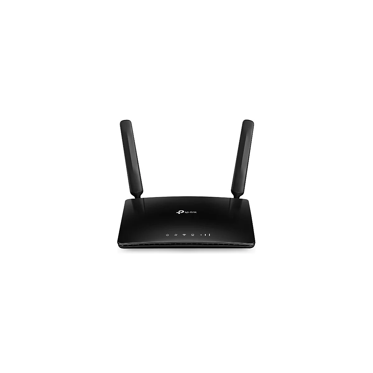 Schwarzer WLAN-Router mit zwei schwarzen Antennen, darunter LEDs und das tp-link Logo.
