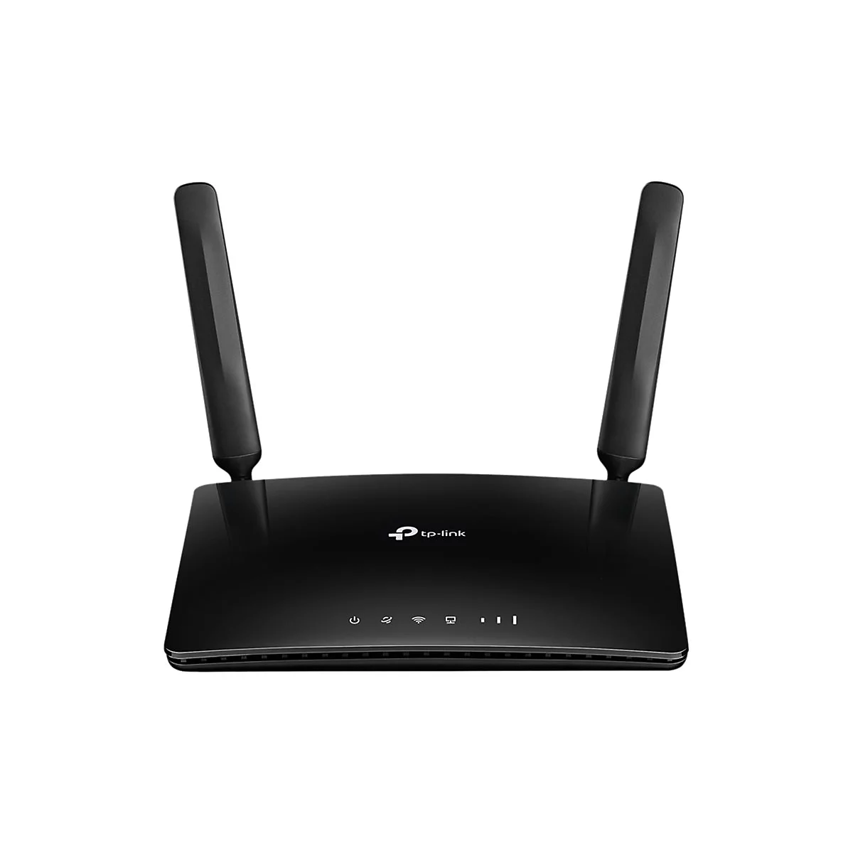 Schwarzer WLAN Router mit zwei Antennen, die nach oben zeigen. Auf der Oberseite befinden sich LED-Anzeigen und das TP-Link Logo.