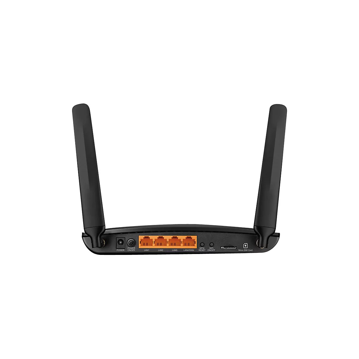 Schwarzer WLAN-Router mit zwei Antennen. Rückseite mit Anschlüssen, Knöpfen und Aufschriften wie LAN, WLAN, Power, Reset und Micro SIM Card.