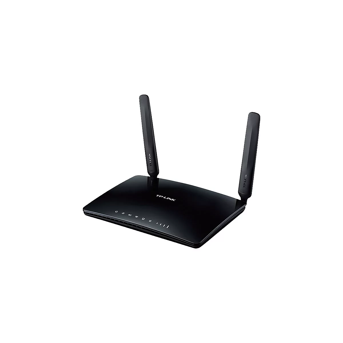 Schwarzer TP-Link-Router mit zwei Antennen, Anzeigeleuchten.