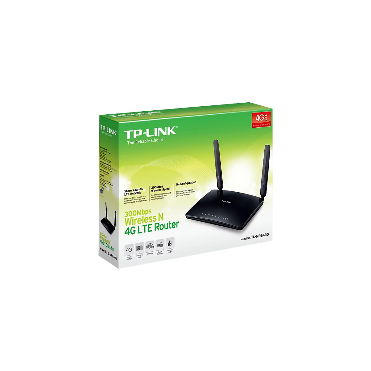Schwarzer TP-Link 4G LTE Router, verpackt in einer grünen Schachtel mit Produktinformationen und technischen Daten.