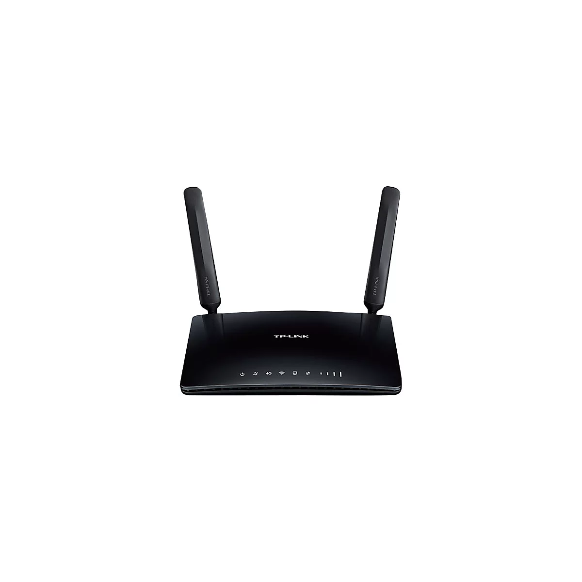 Schwarzer TP-Link WLAN Router mit zwei Antennen, vor weißem Hintergrund. Auf der Oberfläche sind Symbole und das Logo sichtbar.