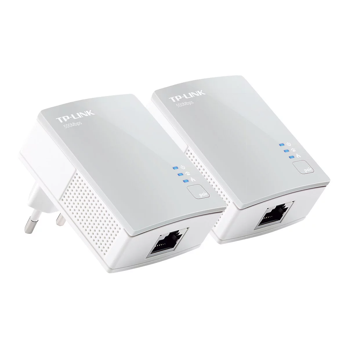 Zwei weiÃŸe TP-Link Netzwerkadapter mit blauen LEDs und RJ45-AnschlÃ¼ssen.