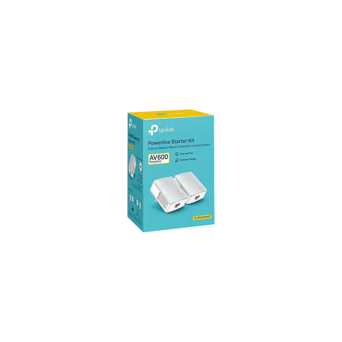 Hellblaue Schachtel mit tp-link Schriftzug. EnthÃ¤lt Powerline Starter Kit. Zwei weiÃŸe Adapter liegen davor.