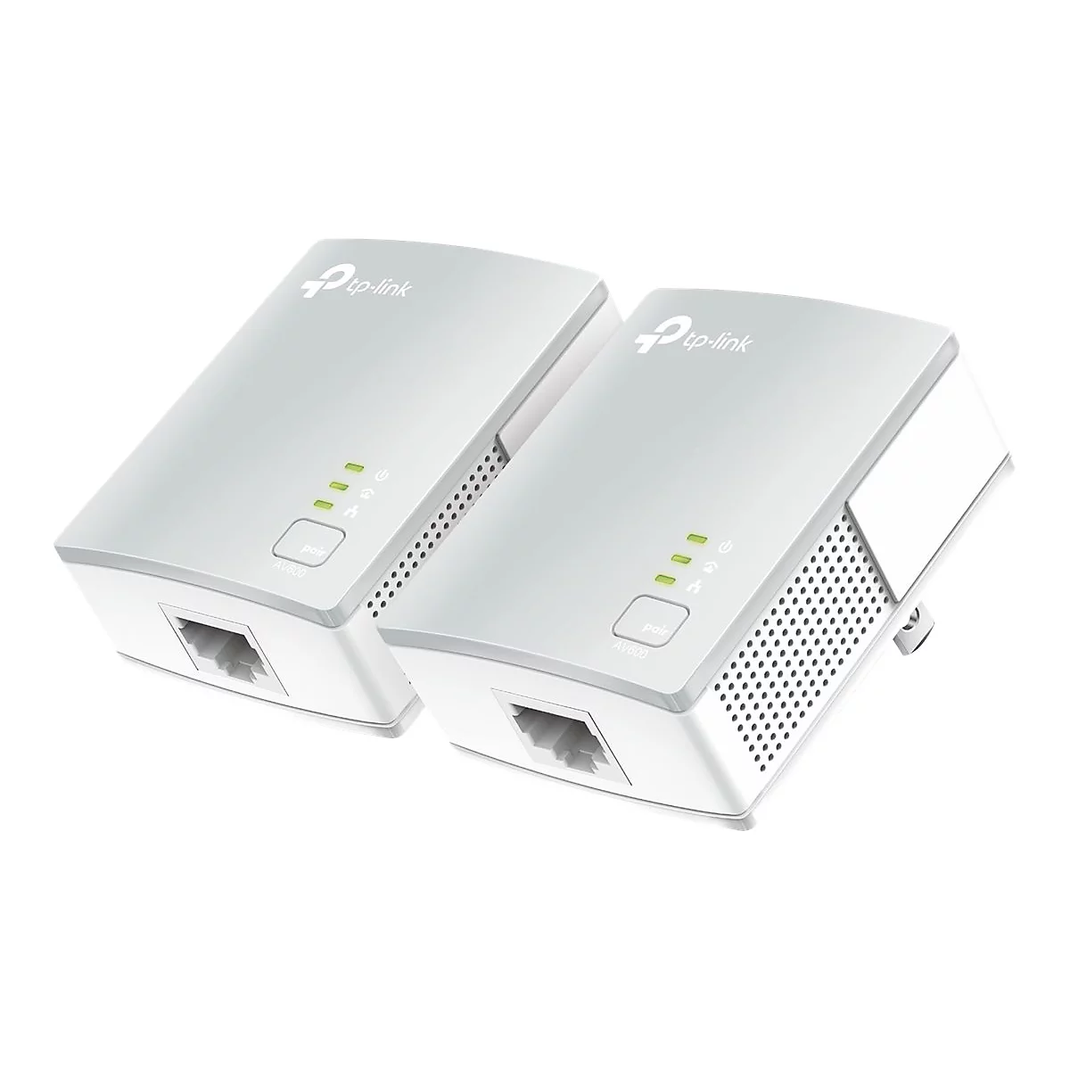 Zwei weiÃŸe TP-Link Powerline-Adapter mit Ethernet-AnschlÃ¼ssen und LED-Anzeigen auf weiÃŸem Hintergrund.